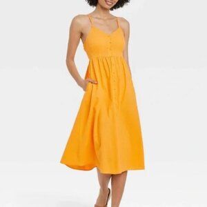 Women's Sleeveless Tie-Back A-Line Button Front Midi Dress 2X Mustard Yellow